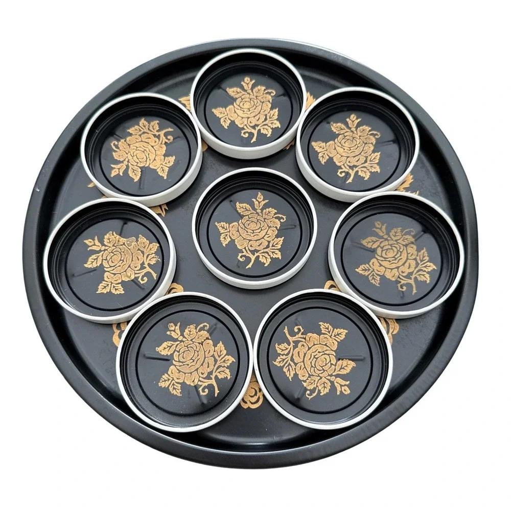 Vintage Toleware 9 Piece MCM Beverage Set Tray & Coasters Black and Gold Rose US